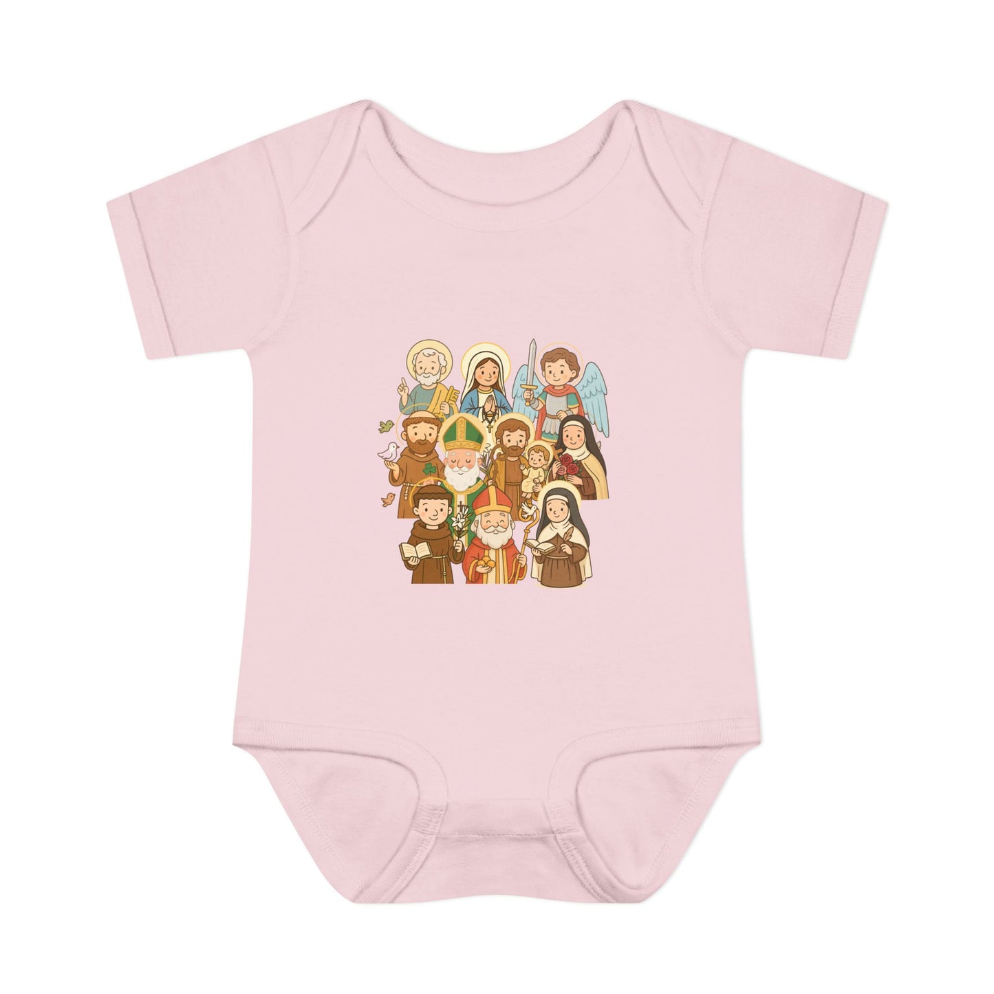 Cute Kid-Friendly Saints Catholic Baby Bodysuit - Fun Cartoon Saints - Baptism & Christening Gift