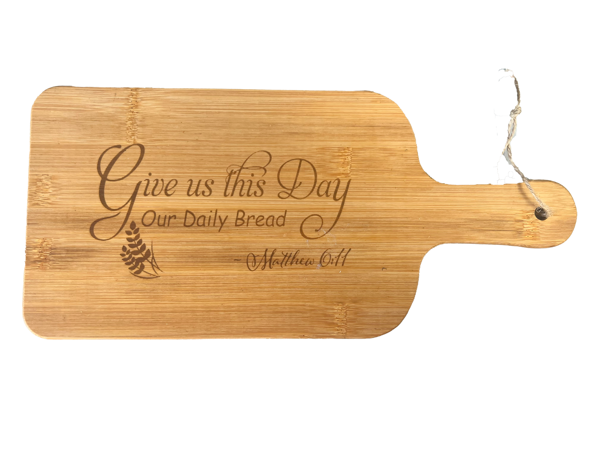 Handled bread board with engraved Our Father prayer "Give us this day our daily bread"