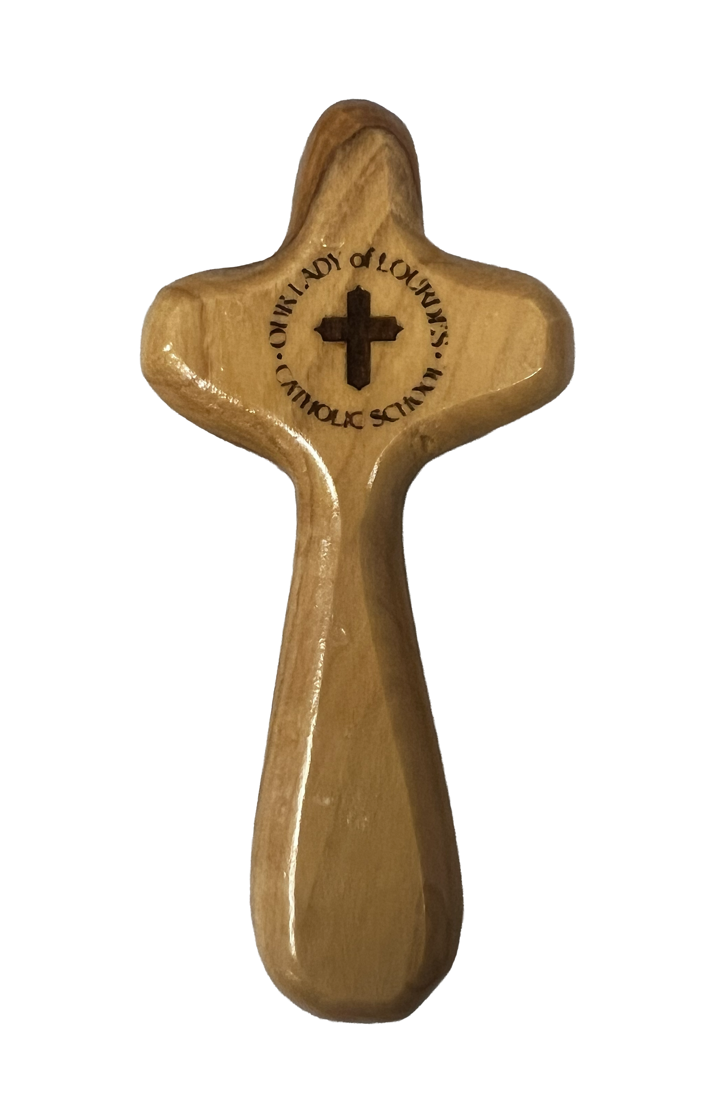 School Logo Engraved Olive Wood Pocket Cross