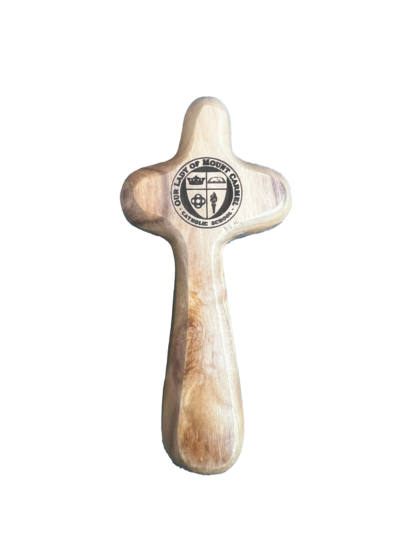 School Logo Engraved Olive Wood Pocket Cross