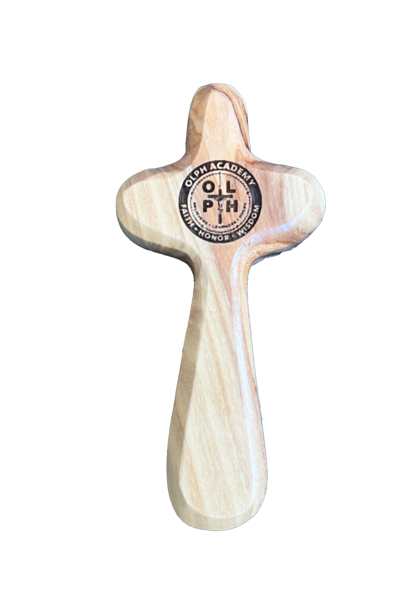School Logo Engraved Olive Wood Pocket Cross