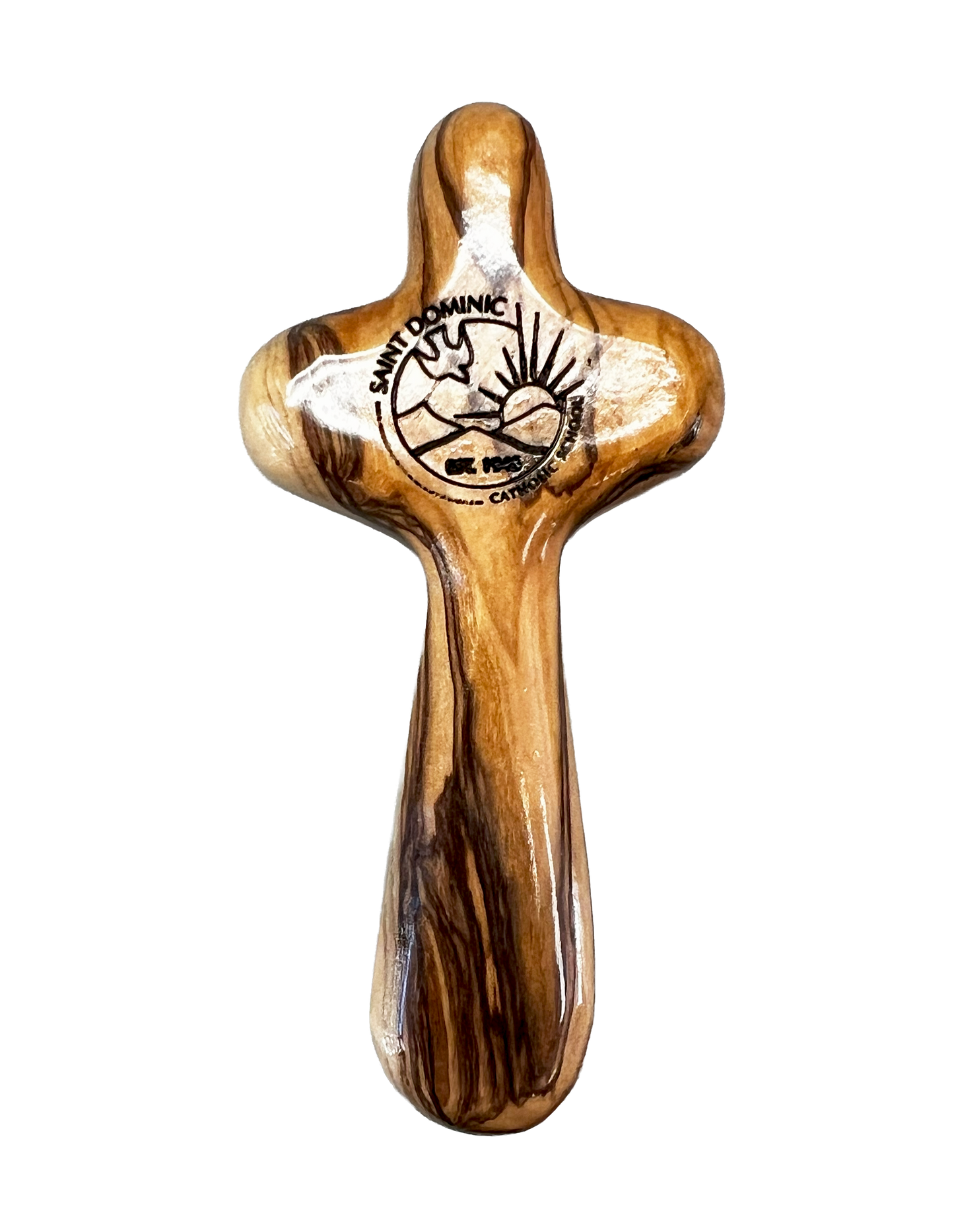 School Logo Engraved Olive Wood Pocket Cross