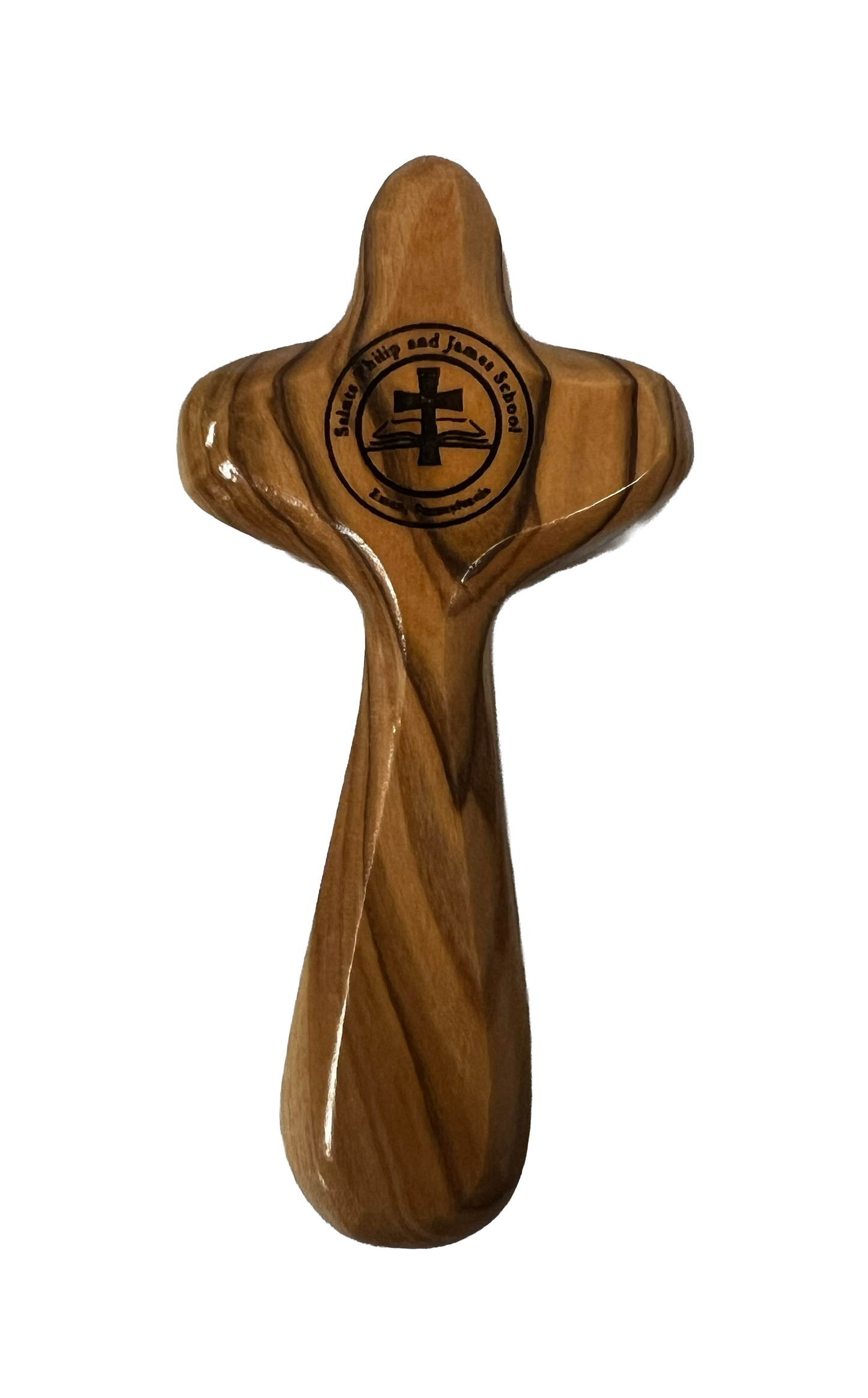School Logo Engraved Olive Wood Pocket Cross