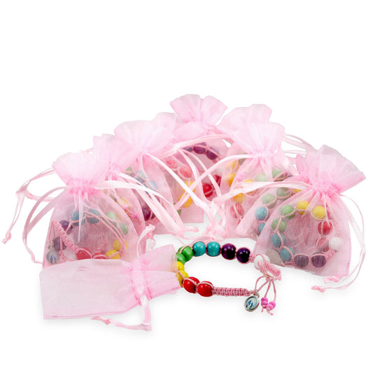 First Communion Favor with Pink String Rosary Bracelet with Multicolored Beads - 10 pieces